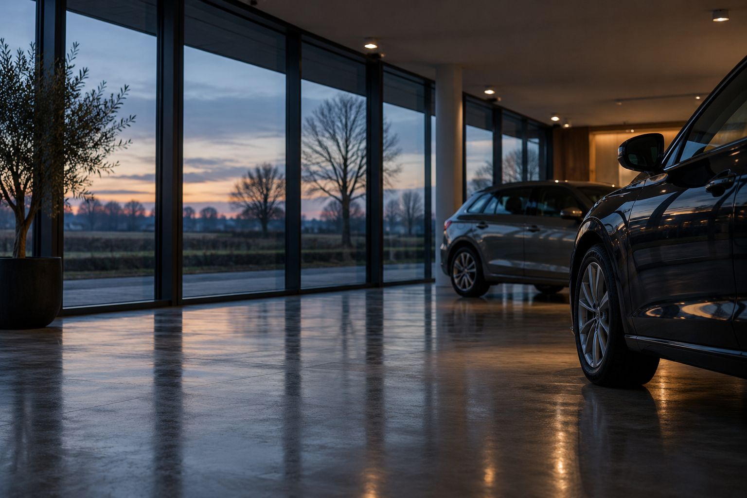Leeg autoshowroom in de schemering